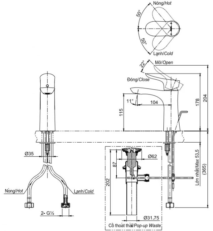Bản vẽ kích thước vòi chậu rửa mặt TOTO TLG 01301B MBL