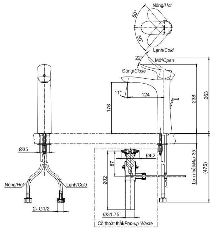 Bản vẽ kích thước vòi TOTO TLG01304B MBL thân vừa