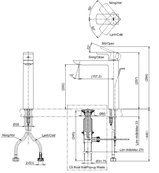 Bản vẽ kích thước vòi chậu rửa mặt TOTO TLG 02307B MBL