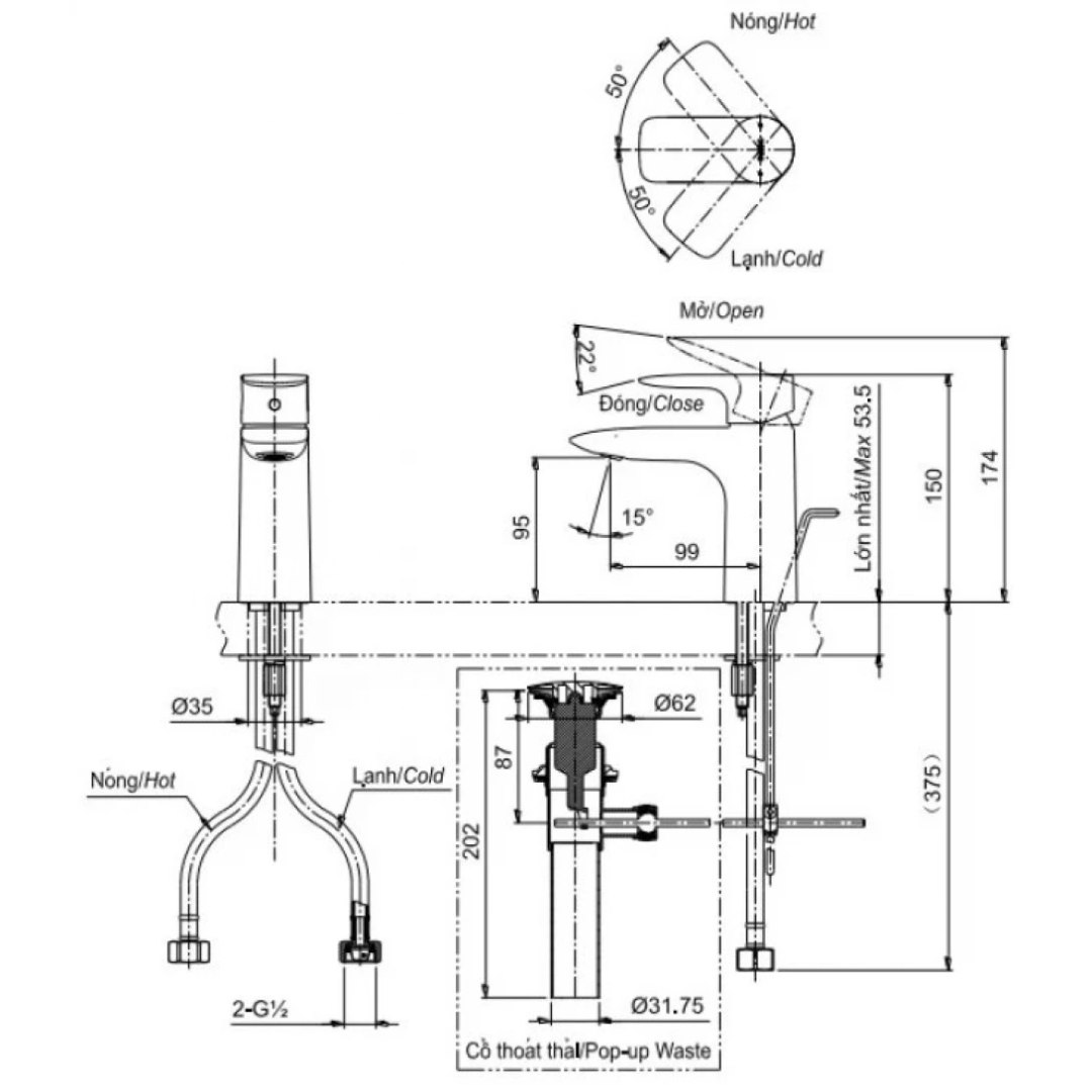 Bản vẽ kỹ thuật vòi nước TOTO nóng lạnh TLG04301B-BFG