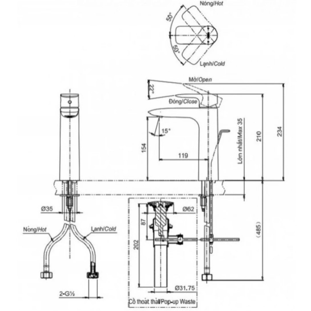 Bản vẽ kích thước vòi chậu rửa mặt TOTO TLG 04307B BRG