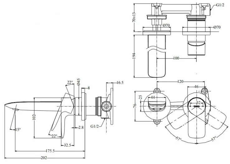Bản vẽ vòi lavabo TLG04309BB MBL TOTO gắn tường