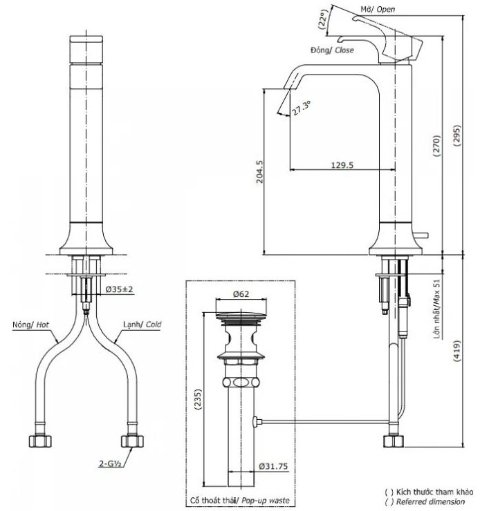 Bản vẽ kích thước vòi nước TOTO nóng lạnh TLG08305B MBL thân cao