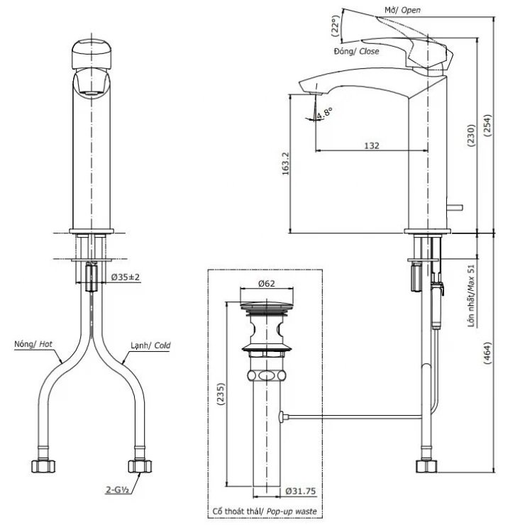 Bản vẽ kích thước vòi nước TOTO nóng lạnh TLG09303B MBL thân vừa