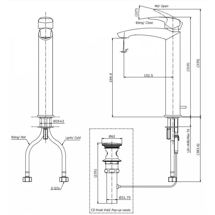 Bản vẽ kích thước vòi nước TOTO nóng lạnh TLG09305B MBL thân cao