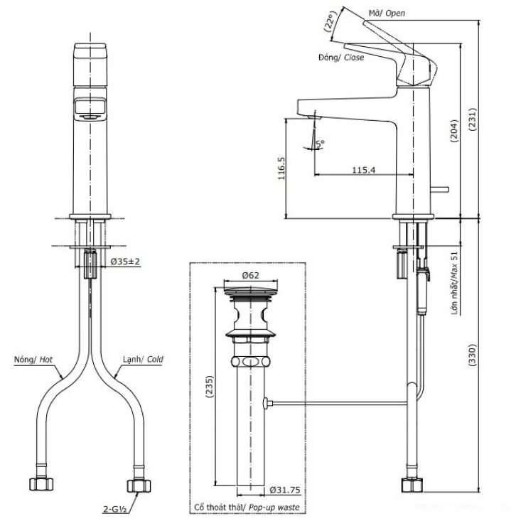 Bản vẽ kỹ thuật vòi nước TOTO nóng lạnh TLG10301B MBL