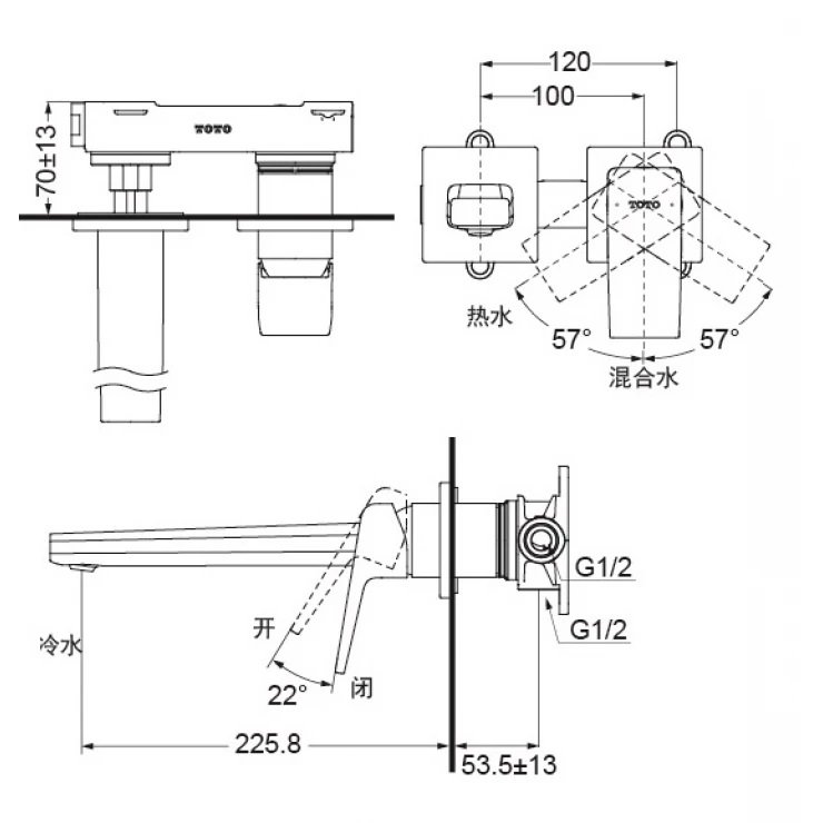 Bản vẽ kích thước vòi TOTO TLG10308BB MBL âm tường