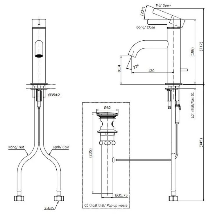 Bản vẽ kích thước vòi chậu rửa mặt TOTO TLG 11301B MBL thân thấp