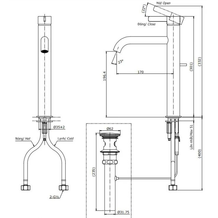 Bản vẽ kỹ thuật vòi nước TOTO nóng lạnh TLG07305B MBL thân cao