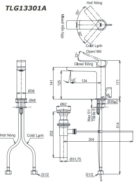 Bản vẽ vòi chậu rửa mặt TOTO TLG 13301A