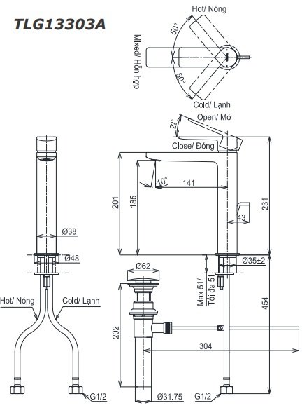 Bản vẽ kỹ thuật vòi chậu rửa mặt TOTO TLG 13303A
