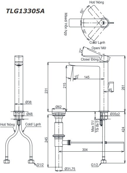 Bản vẽ kỹ thuật vòi nước TOTO nóng lạnh TLG 13305A