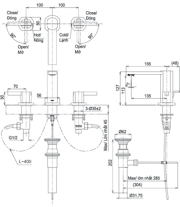 Bản vẽ vòi gắn chậu lavabo TOTO TLG152 A0A