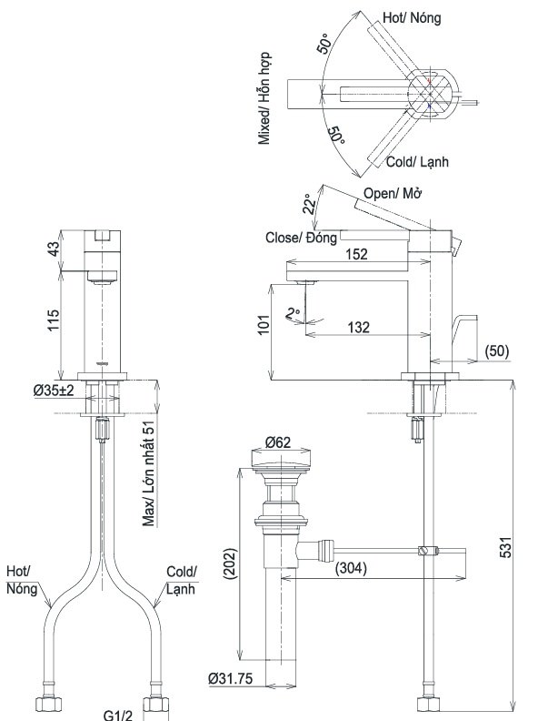Bản vẽ kỹ thuật vòi nước TOTO nóng lạnh TLG 153A0A 