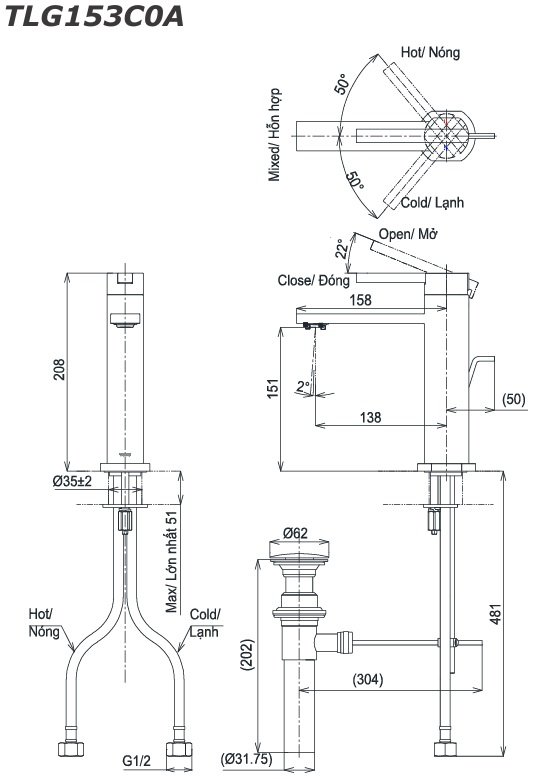 Bản vẽ vòi nước TOTO nóng lạnh TLG 153C0A