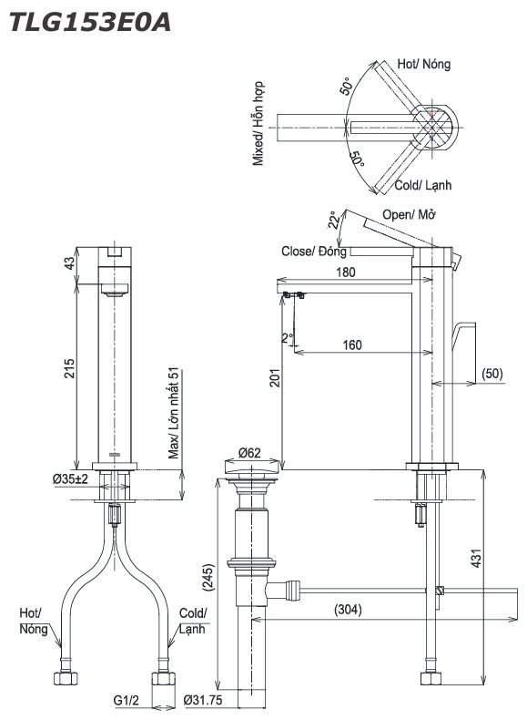 Bản vẽ kỹ thuật vòi nước TOTO nóng lạnh TLG 153E0A 