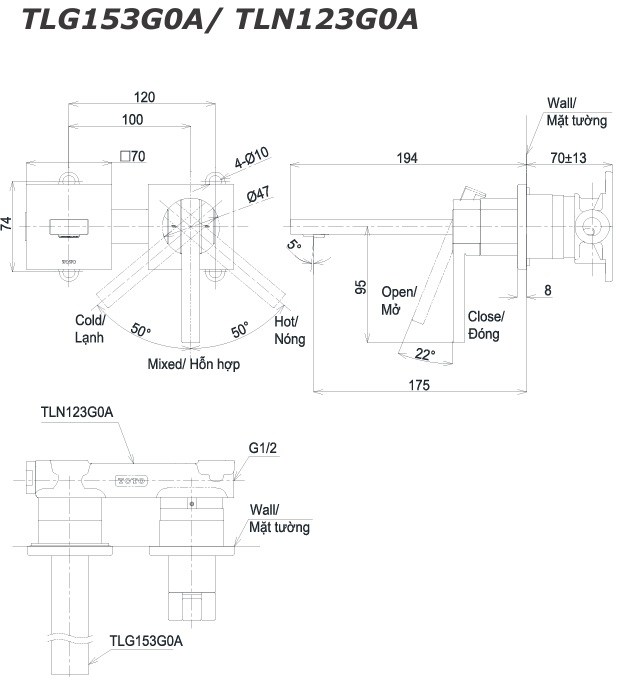Bản vẽ vòi lavabo gắn tường TLG153G0A TLN123G0A TOTO