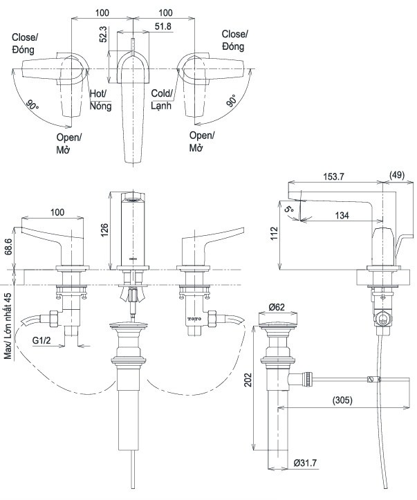 Bản vẽ vòi tắm xả bồn TLG 162A0A TOTO