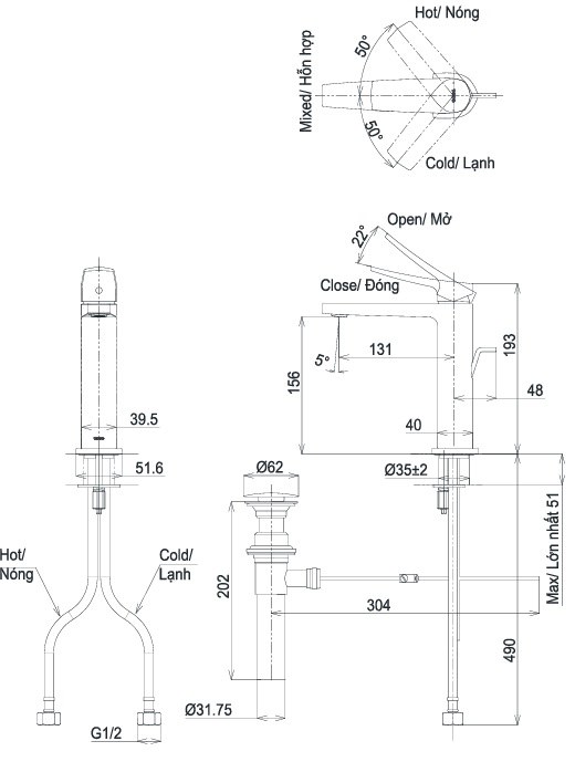 Bản vẽ vòi nước TOTO nóng lạnh TLG 163C0A
