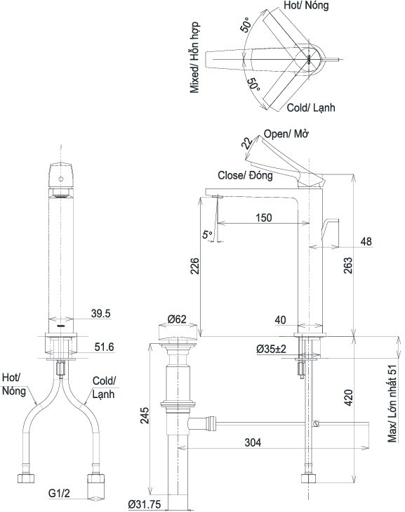 Bản vẽ kỹ thuật vòi nước TOTO nóng lạnh TLG 163E0A
