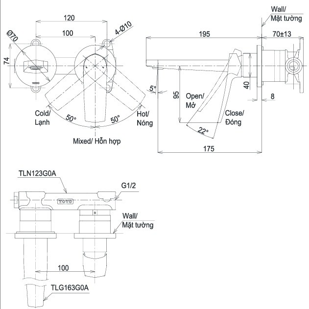 Bản vẽ vòi lavabo gắn tường TLG163G0A TLN123G0AA TOTO