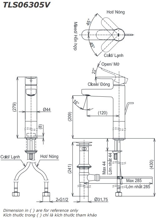 Bản vẽ kỹ thuật vòi nước TOTO nóng lạnh TLS 06305V