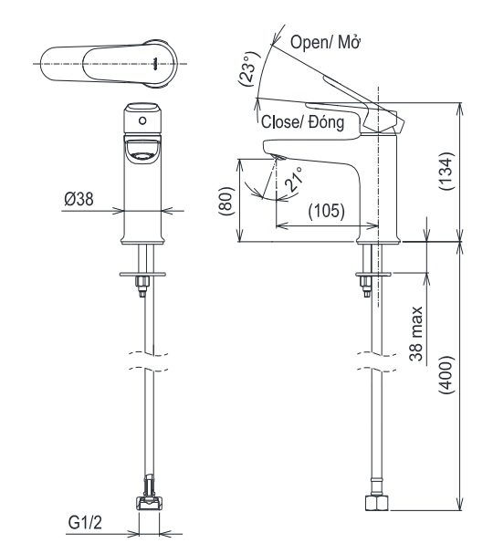 Bản vẽ kích thước vòi lavabo nóng lạnh TLS101A0V TOTO