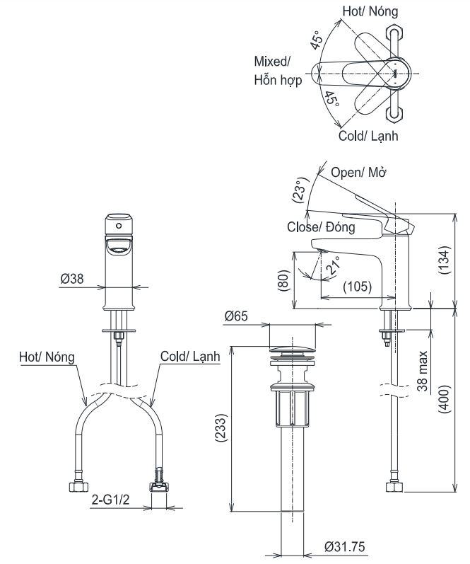 Bản vẽ kích thước vòi lavabo TOTO TLS 103A0V New Standard