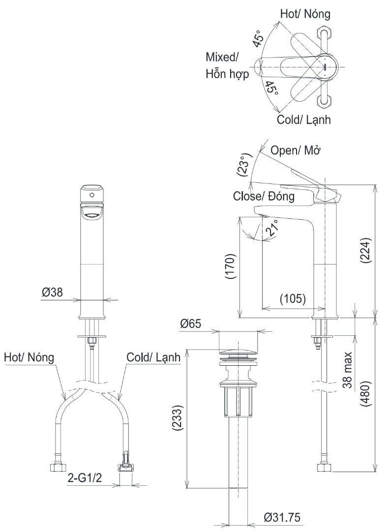 Bản vẽ kích thước vòi chậu thân cao Toto TLS103C0V