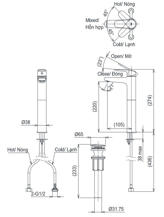 Bản vẽ kích thước vòi lavabo nóng lạnh thân cao TLS103E0V