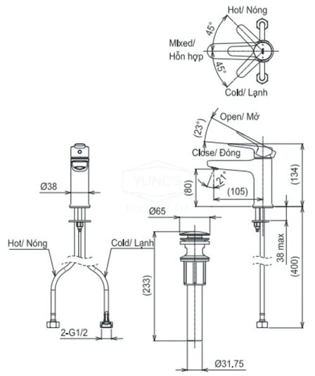 Bản vẽ kích thước vòi lavabo nóng lạnh TLS113A0V TOTO New Standard Dòng Slim