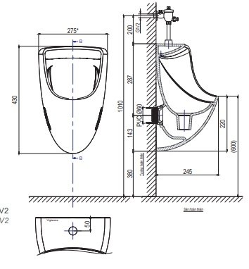 Bản vẽ kích thước bồn tiểu TT3 nhỏ