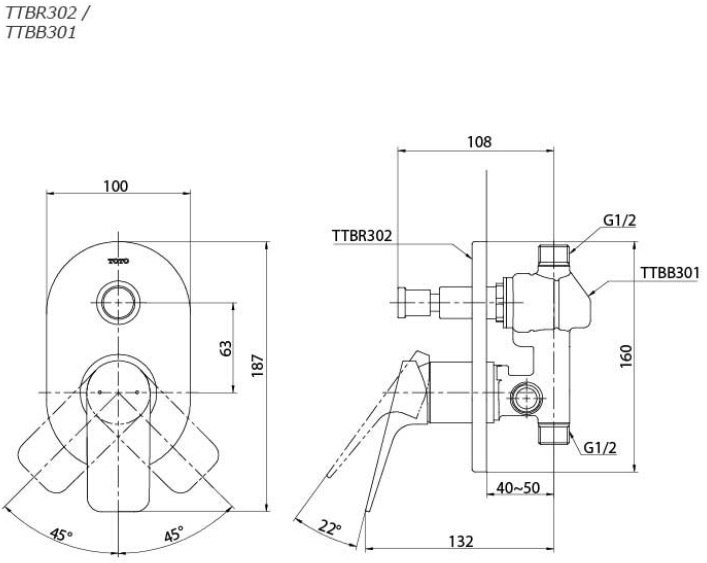 Bản vẽ van TOTO TTBR302-TTBB301 nóng lạnh