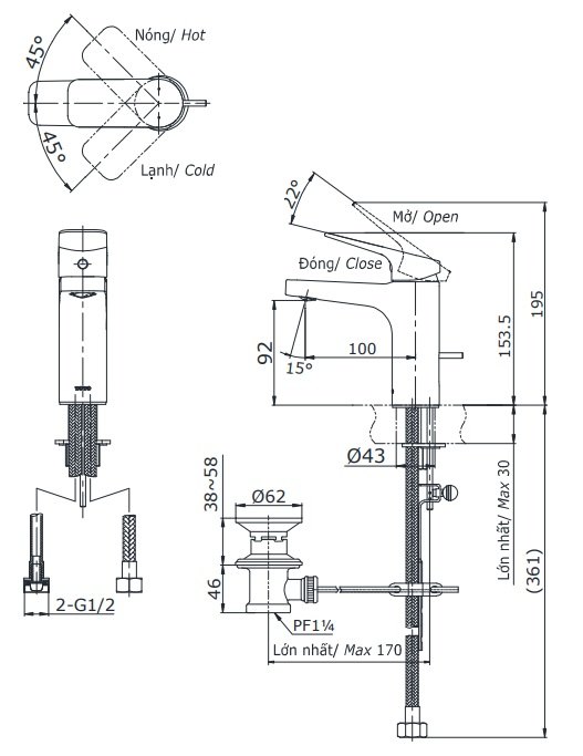 Bản vẽ vòi rửa mặt TOTO TTLR302F-1NR nóng lạnh