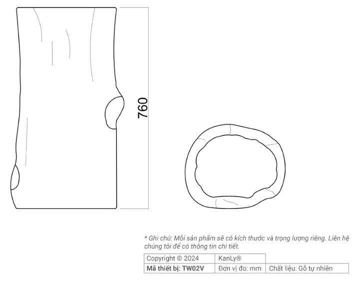 Bản vẽ kích thước đôn gỗ T W02V Kanly 