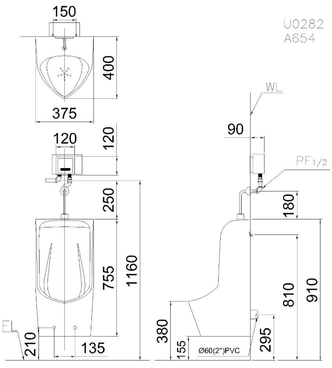 Bản vẽ kỹ thuật bồn tiểu Caesar U0282 treo tường