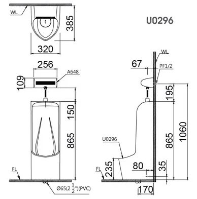 Bản vẽ kỹ thuật bồn tiểu Caesar U0296