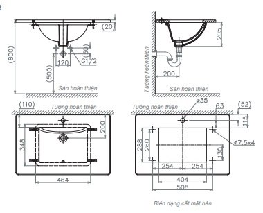 Bản vẽ kích thước chậu lavabo Viglacera U S1 