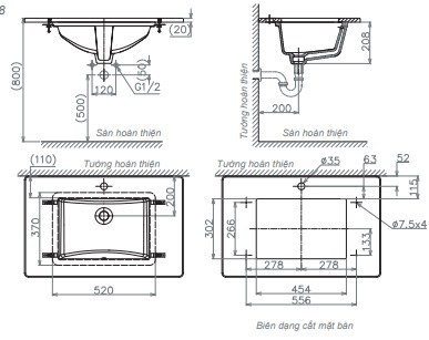 Bản vẽ kích thước chậu lavabo Viglacera U S2