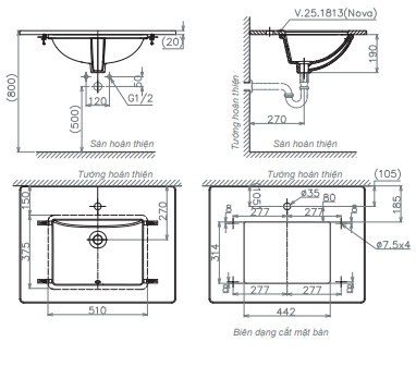 Bản vẽ kích thước chậu lavabo Viglacera U S3