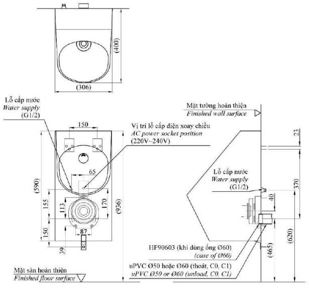 Bản vẽ kích thước tiểu nam TOTO USWN925AEV#XW treo tường