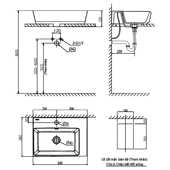 Bản vẽ chậu lavabo Viglacera V 22 đặt bàn
