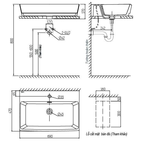 Bản vẽ chậu lavabo Viglacera V 57 đặt bàn