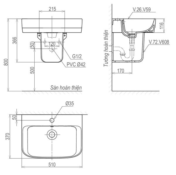 Bản vẽ kích thước chậu rửa mặt V50 Viglacera