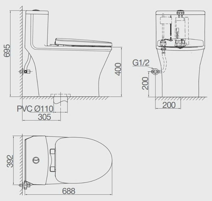 Bản vẽ kích thước bồn cầu viglacera V803