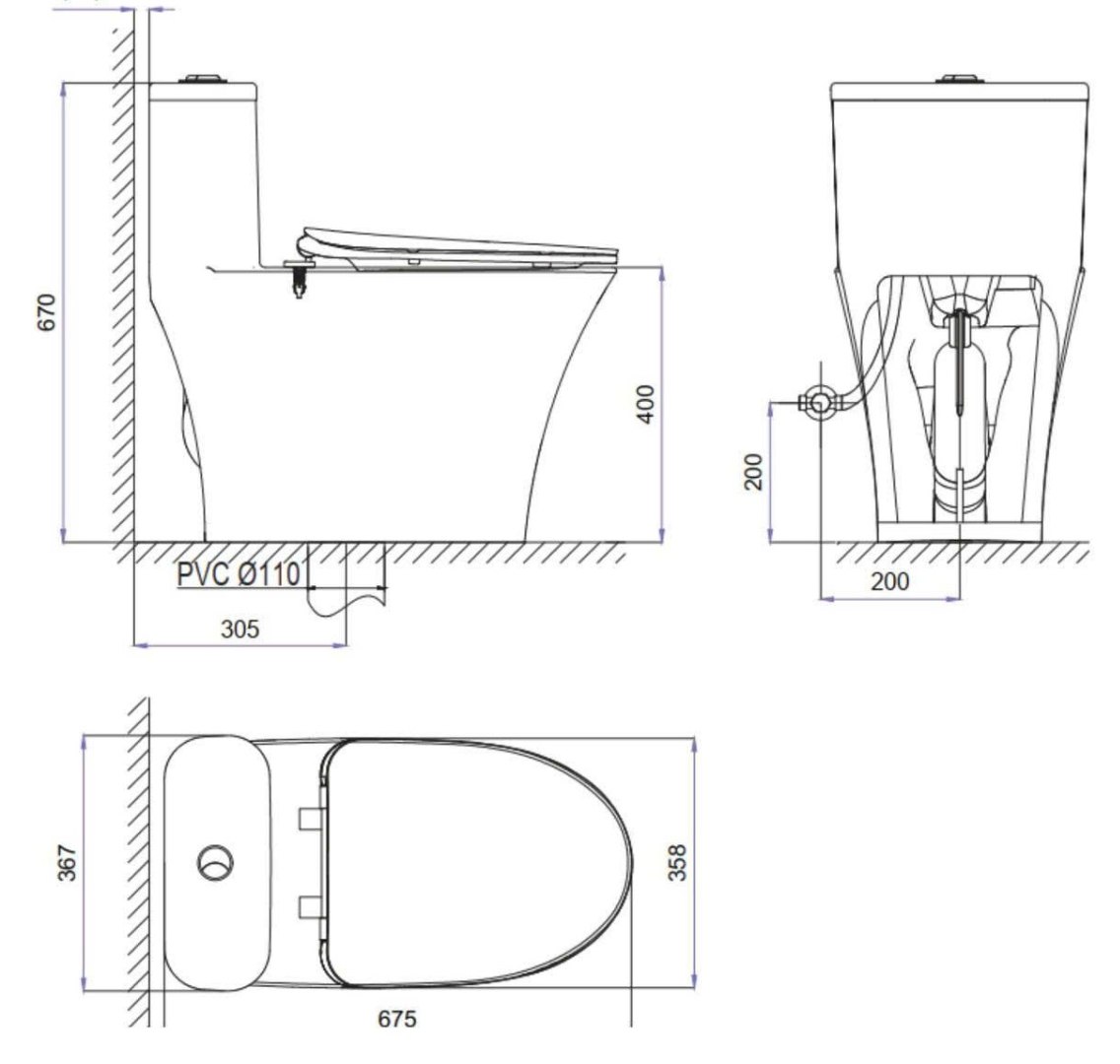 Bản vẽ kích thước bồn cầu Viglacera V829