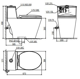Bản vẽ bệ xí bệt V-823 Viglacera 1 khối