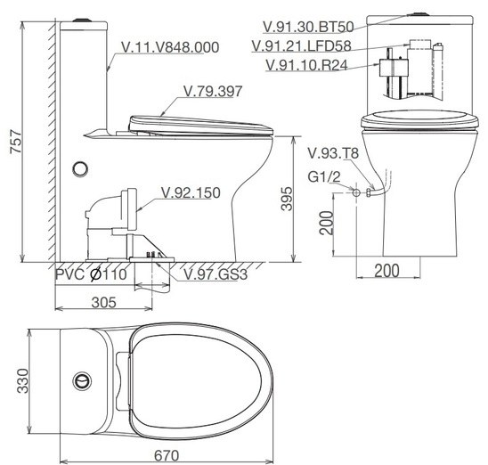 Bản vẽ bệ xí bệt V848 Viglacera 1 khối