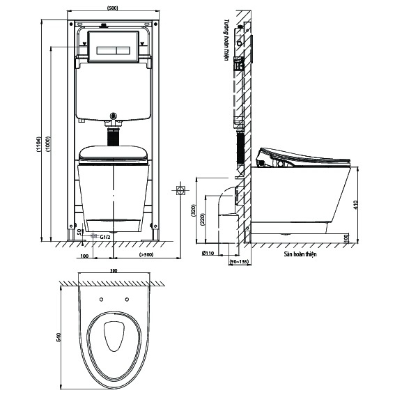 Bản vẽ bệ xí bệt V909D Viglacera treo tường