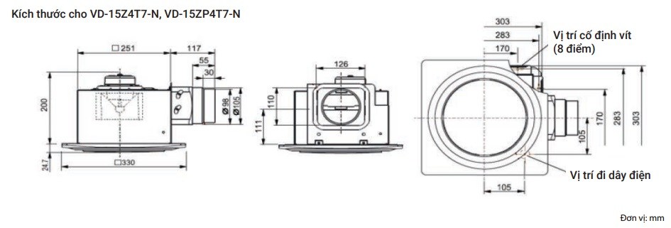 Bản vẽ kỹ thuật quạt hút thông gió âm trần VD 15Z4T7 N Mitsubishi